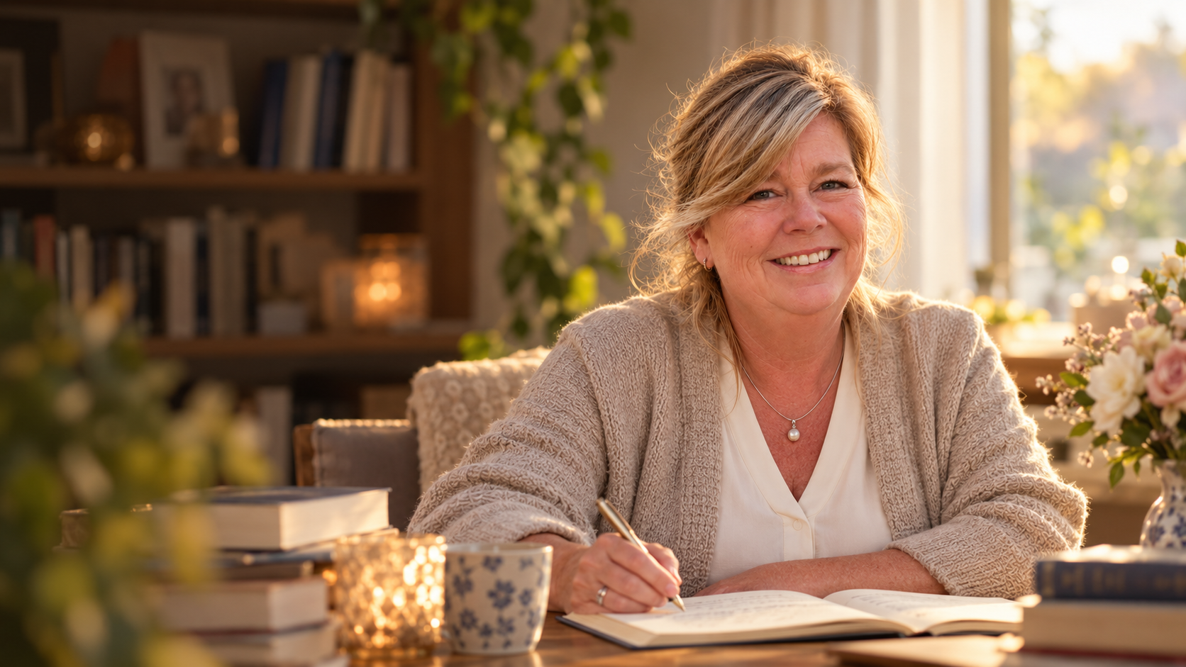 Ingrid Jacobs-Verschuren met een pen aan een open notitieboek, bij een boekenwand en een raam