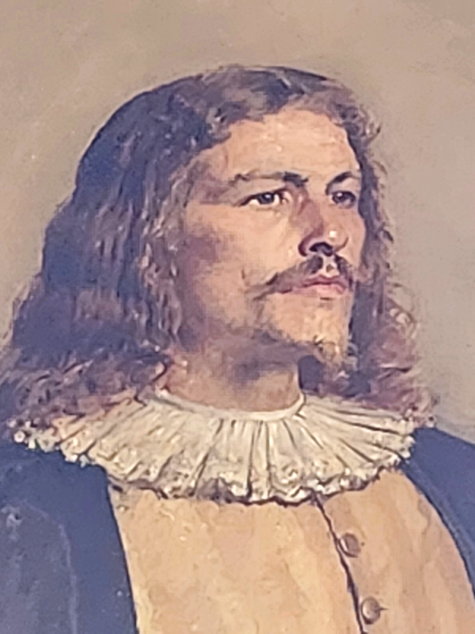 Close-up van het gezicht van Petrus Divaeus op het portret van André Hennebicq, met snor, sik en witte kraag