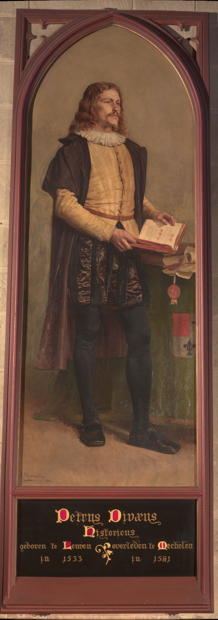 Officiële opname van het volledige portret van Petrus Divaeus door André Hennebicq, staand met een opengeslagen boek