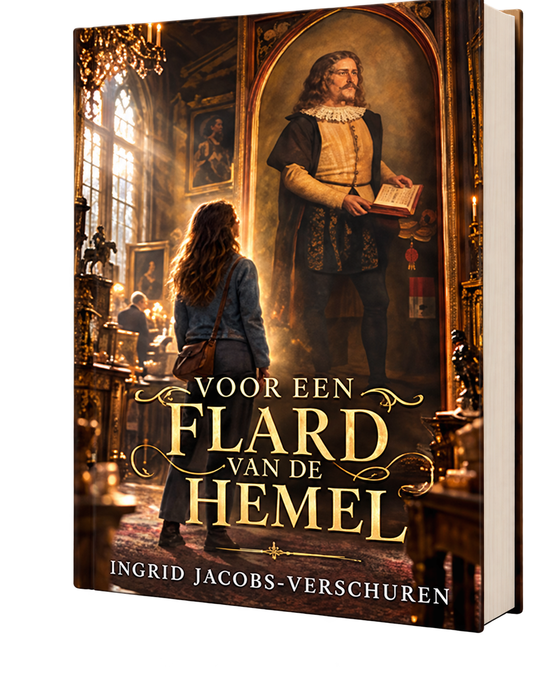 Vrijstaande voorlopige omslag van Voor een flard van de hemel: een vrouw voor een groot portret in een verlicht interieur